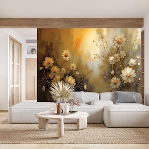 Carta da parati murale con fiori dorati magici – Eleganti margherite su ambra calda, tessuto non tessuto, ecologico, facile da installare, adesivo gratuito