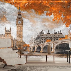 UK Themed Mural Wallpaper: Grunge Style Big Ben & Westminster - Vintage-Inspired London Decor on Non-Woven Fabric