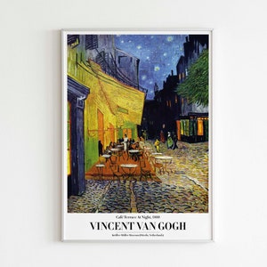 May include: A painting by Vincent van Gogh titled "Cafe Terrace at Night, 1888" depicting a cafe terrace at night with a starry sky, yellow buildings, and people sitting at tables.