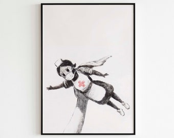 Banksy - Hospital Superhero Nurse Poster, Game Changer, Banksy Graffiti, Wall Decor, Digital Download