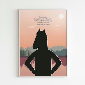 Puede incluir: Una silueta negra de una cabeza de caballo con un cuerpo humano se encuentra frente a un paisaje de puesta de sol rosa y naranja. El texto dice "It gets easier Everyday it gets a little easier But you gotta do it every day That's the hard part But it does get easier"