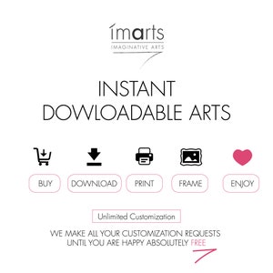 May include: A graphic with the text "&iacute;marts IMAGINATIVE ARTS" and the text "INSTANT DOWNLOADABLE ARTS".  Five icons are shown: a shopping cart, a download arrow, a printer, a picture frame, and a heart.  The text "BUY", "DOWNLOAD", "PRINT", "FRAME", and "ENJOY" are below the icons.  The text "Unlimited Customization" is in a box.  The text "WE MAKE ALL YOUR CUSTOMIZATION REQUESTS UNTIL YOU ARE HAPPY ABSOLUTELY FREE" is below the box.