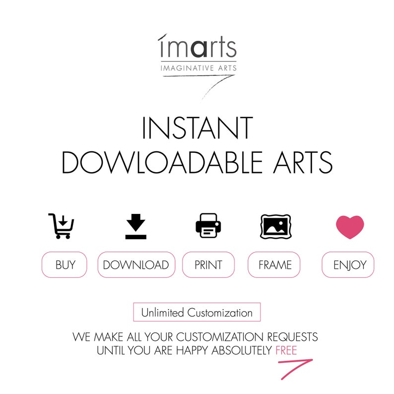 May include: A graphic with the text "&iacute;marts IMAGINATIVE ARTS" and the text "INSTANT DOWNLOADABLE ARTS".  Five icons are shown: a shopping cart, a download arrow, a printer, a picture frame, and a heart.  The text "BUY", "DOWNLOAD", "PRINT", "FRAME", and "ENJOY" are below the icons.  The text "Unlimited Customization" is in a box.  The text "WE MAKE ALL YOUR CUSTOMIZATION REQUESTS UNTIL YOU ARE HAPPY ABSOLUTELY FREE" is below the box.