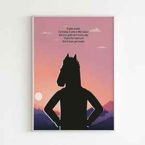 Puede incluir: Una silueta negra de una cabeza de caballo con un cuerpo humano se encuentra sobre un fondo de puesta de sol rosa y naranja. El texto "It gets easier Everyday it gets a little easier But you gotta do it every day That's the hard part But it does get easier" está impreso en blanco en la imagen.