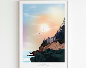 Acadia National Park Poster, National Park Print, National Park Art, Minimalist Design Travel Poster