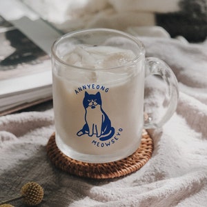 Annyeong Meowseyo Cat Glass Mug | Korean Cafe Style Glass Mug | Gift for Korean Lover | Gift for Kdrama Addict & Kdrama Lover