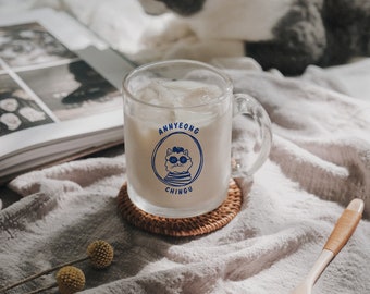 Cool Cat Annyeong Chingu Glass Mug | Korean Cafe Style Glass Mug | Gift for Korean Lover | Gift for Kdrama Addict & Kdrama Lover