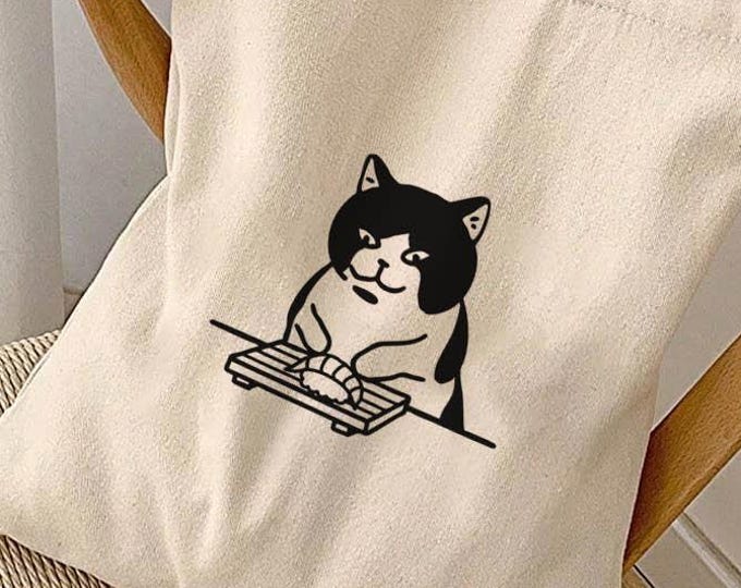 Sushi Making Cat Tote Bag – Cute Japanese Food Tote, Funny Cat Chef Canvas Bag, Gift for Sushi Lovers, Cat Market Tote