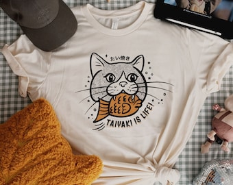 Taiyaki ist Leben Unisex Jersey T-Shirt Kawaii Katze Asiatisches Essen Themed Geschenke T-Shirt Japanische Katze T-Shist Asiatische Themen Geschenke mit japanischem Essen