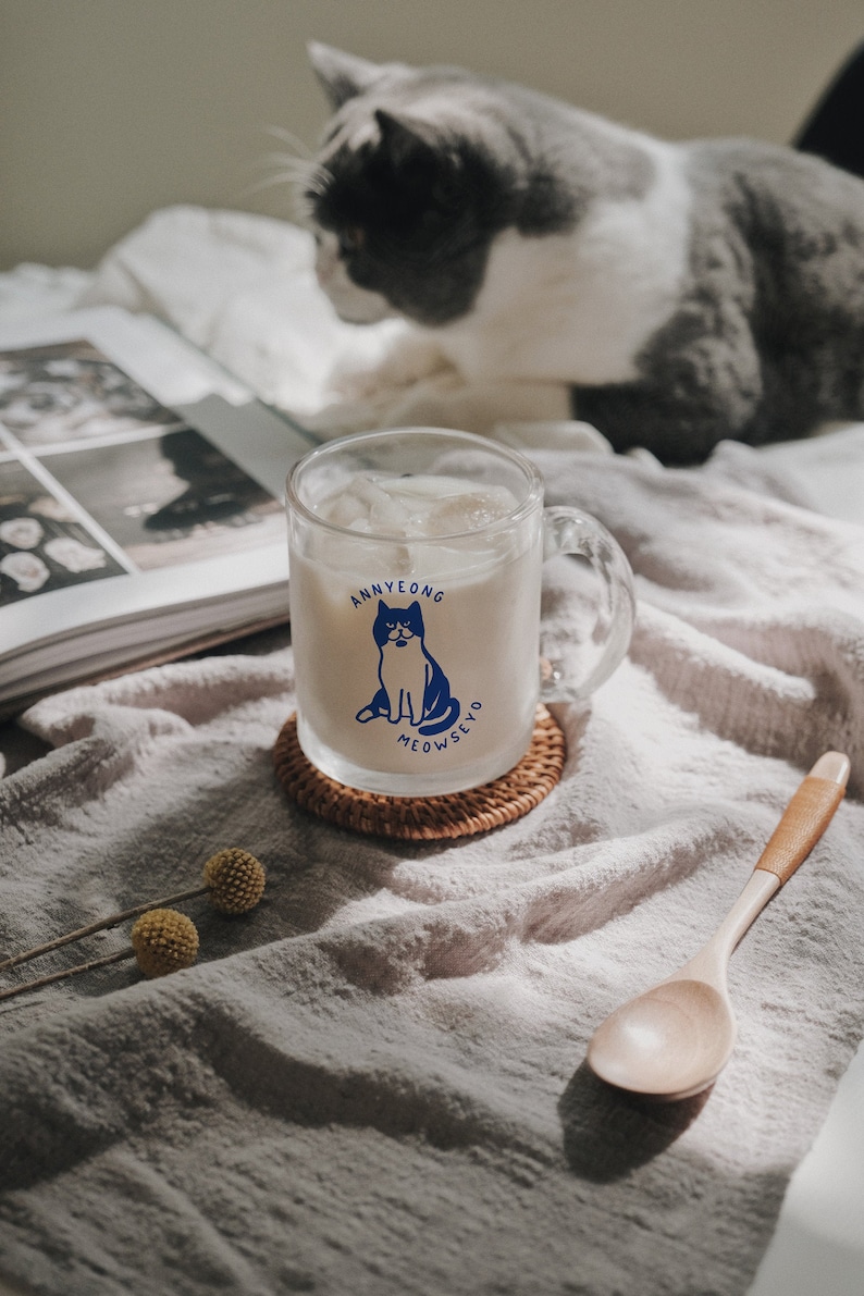 Annyeong Meowseyo Cat Glass Mug Korean Cafe Style Glass Mug Etsy