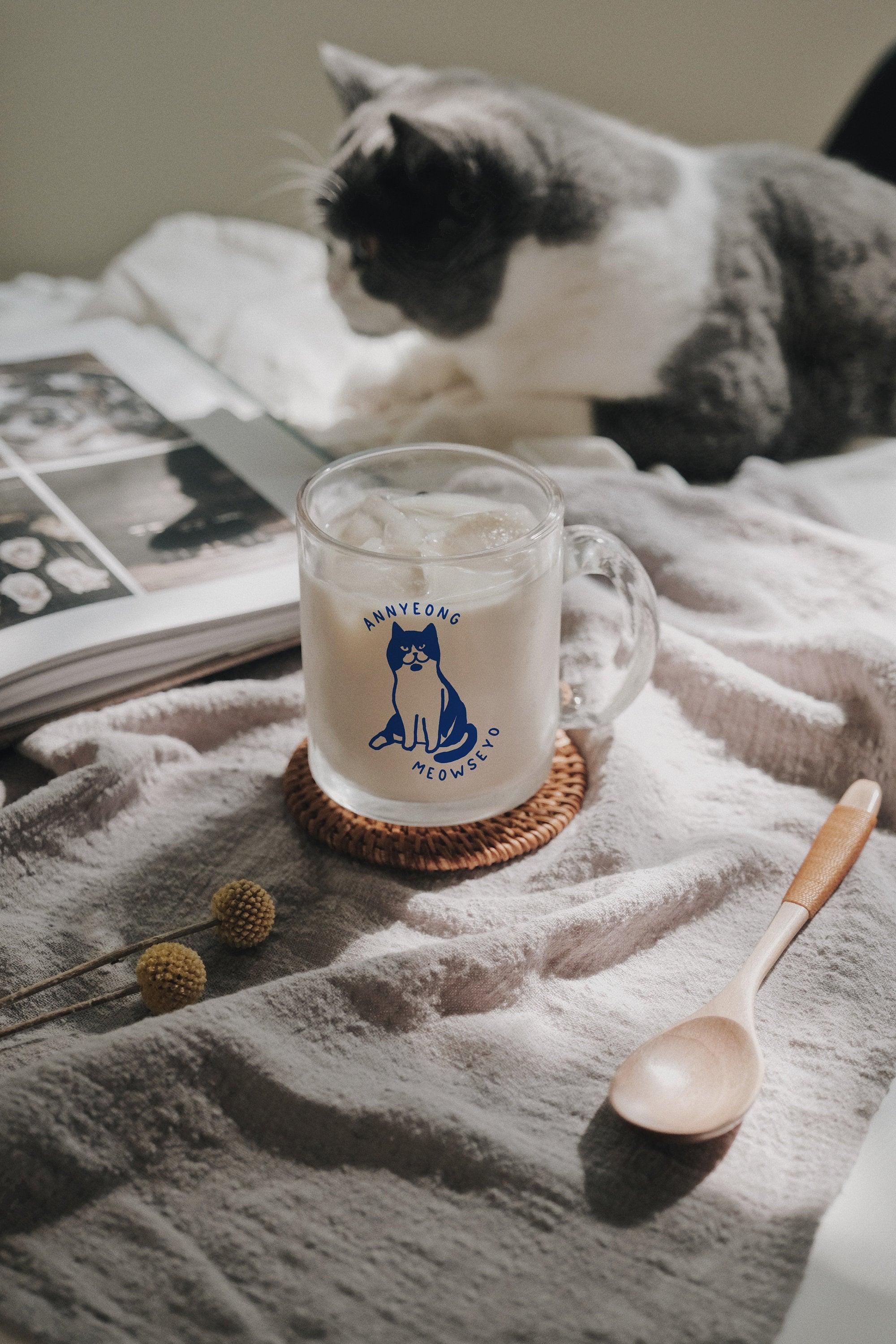 Annyeong Meowseyo Cat Glass Mug | Korean Cafe Style Glass Mug