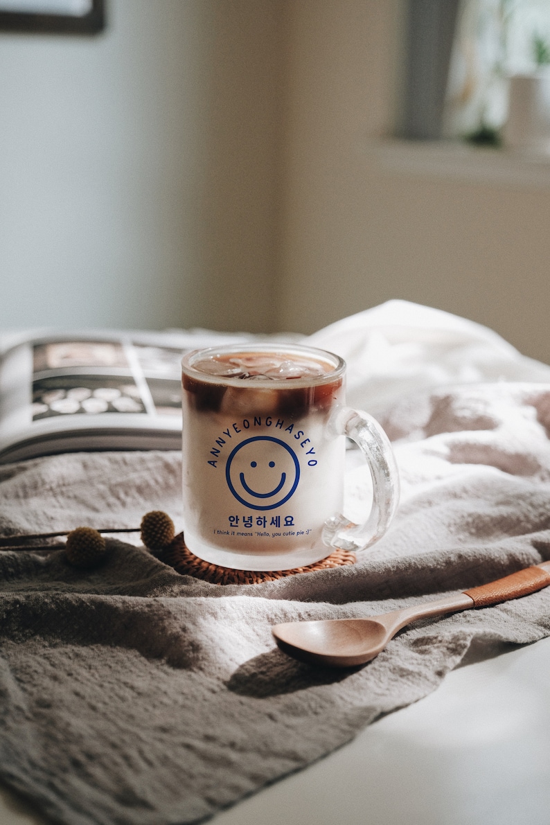 Annyeonghaseyo Glass Mug Korean Cafe Style Glass Mug Gift Etsy