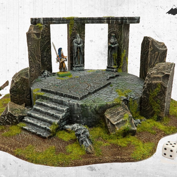 Ruines elfiques - terrain de jeu de guerre peint et floqué, décors pour RPG et jeux de guerre - Warhammer, KoW, LotR, Hobbit, D&D, Pathfinder, Warcry