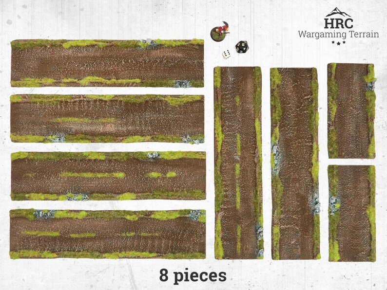 Dirt Roads Straight Sections  Set - painted, flocked road for war games - WW2 wargaming scenery terrain, Bolt Action, Flames of War
