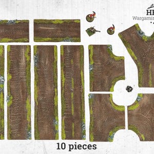 ダートロード コアセット - ウォーゲーム用の塗装済み、植毛された道路交差点と直線セクション - WW2 ウォーゲーム風景地形、ボルトアクション、FoW