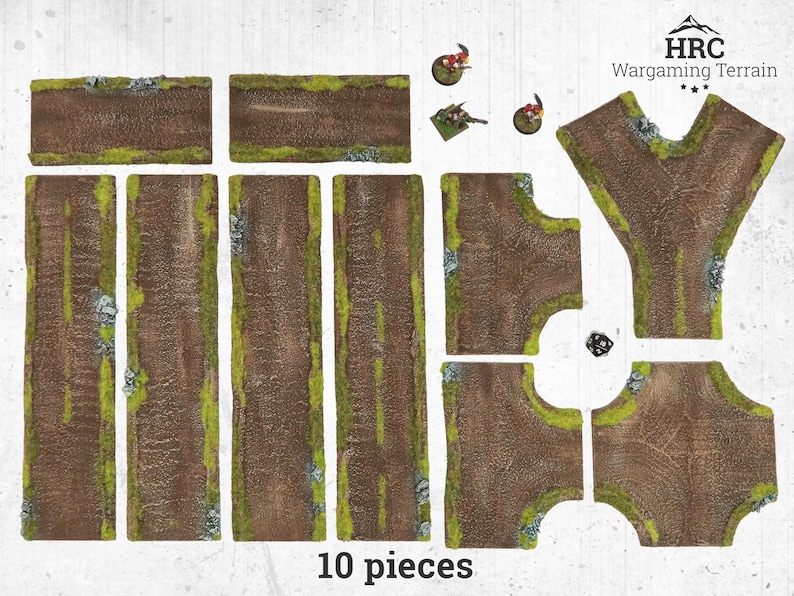 Dirt Roads Core Set - painted, flocked road junction and straight sections for war games - WW2 wargaming scenery terrain, Bolt Action, FoW