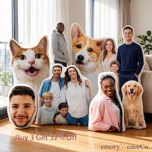 May include: A collection of custom-shaped pillows featuring printed photographs of people, a cat, and dogs. The pillows display various individuals and pets in full color. Text at the bottom reads Buy 3 Get 32% Off and Memory WeaveCo.
