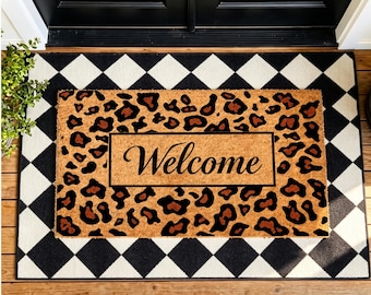 Boho Leopard Print Doormat / Personalized Welcome Front Door Coir Doormat/ Housewarming Gift Farmhouse Decor