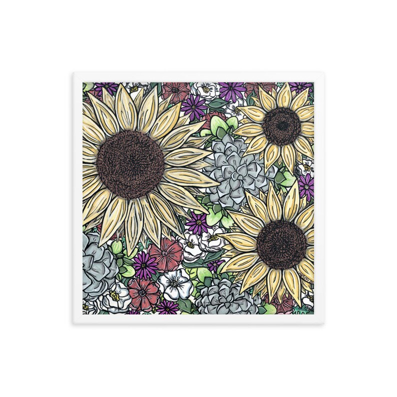 Sunflowers and Succulents White Framed poster