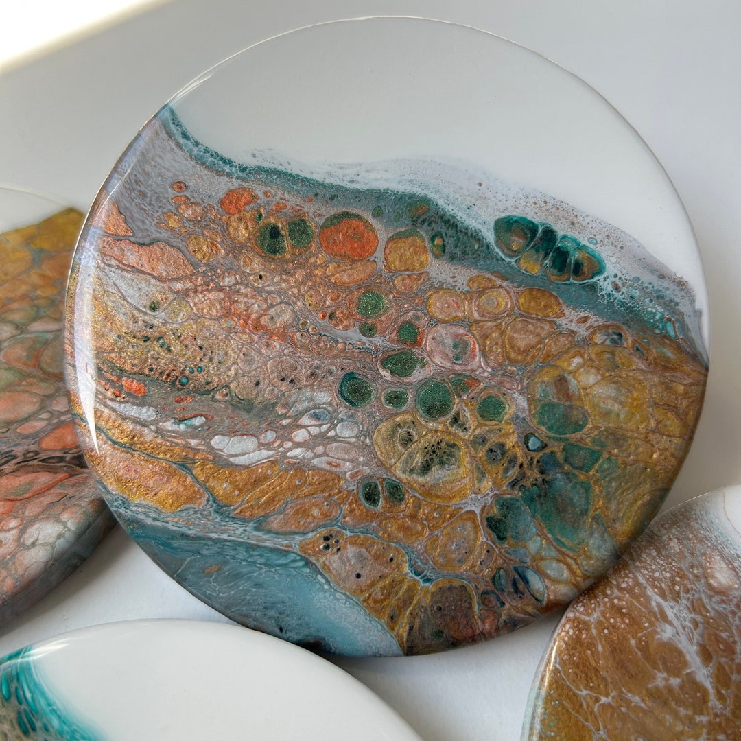 Fluid Art Coasters. Acrylic Pour Coasters. Ceramic. Resin Sealed. Set