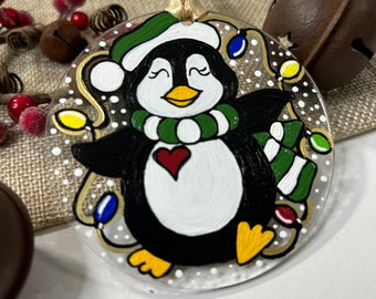 Hand Painted Penguin Christmas Ornament: Acrylic Holiday Decor