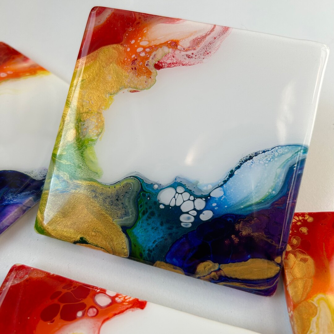 Fluid Art Coasters. Acrylic Pour Coasters. Ceramic. Resin Sealed. Set