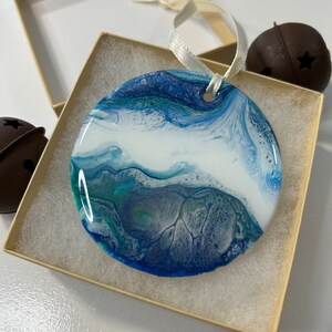 Hand-Painted Fluid Art Christmas Ornament: Blue, Green, and Silver Resin Finish