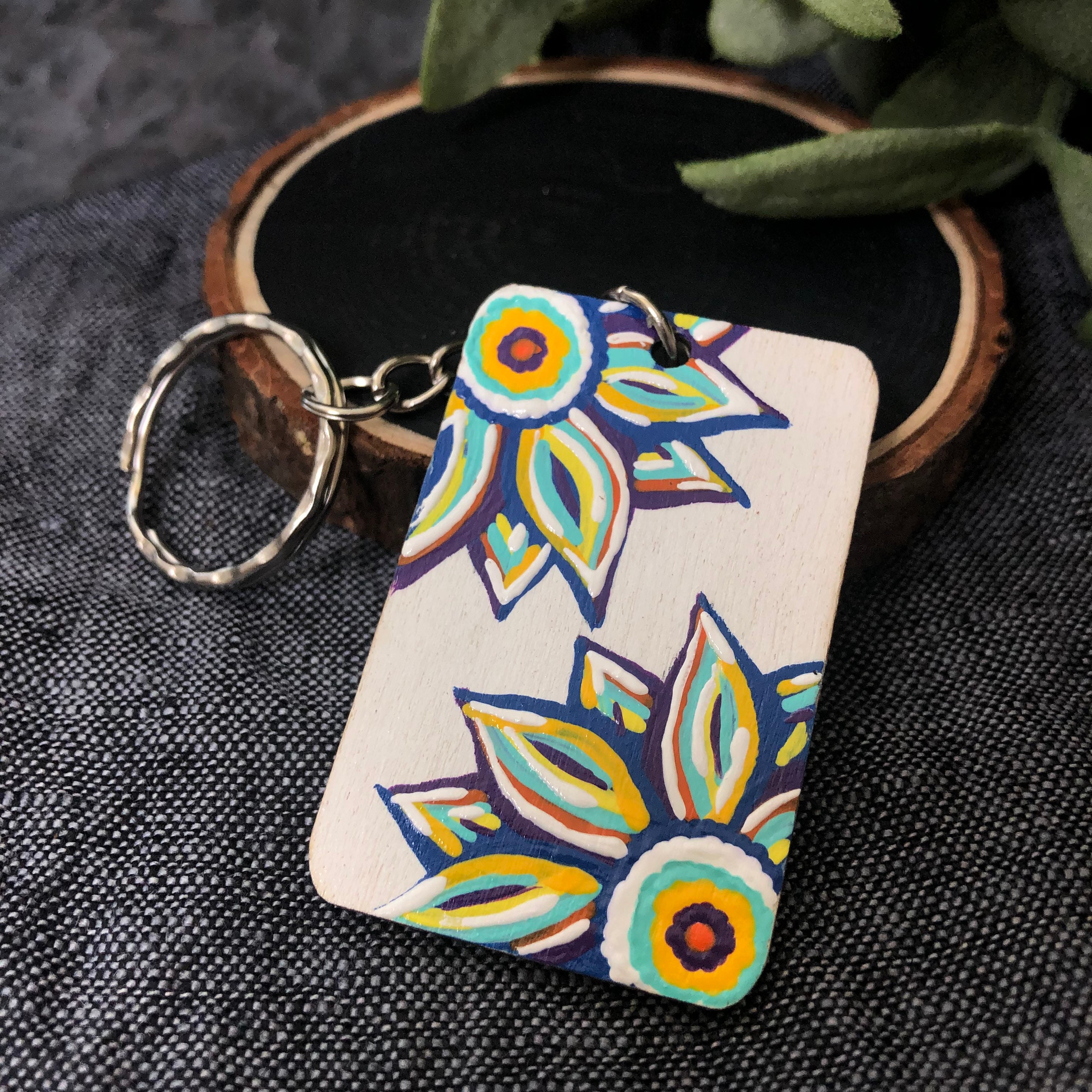 Hand Painted Rainbow Sunflower Wood Keychain - Etsy