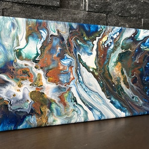 Fluid Art Acrylic Pour Painting: Emerald, Gold, and Copper - 7x14 Canvas