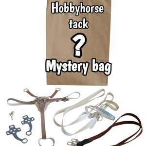 Op de afbeelding: Een bruine papieren zak met het opschrift "Hobbyhorse tack Mystery bag" en een vraagteken. Diverse hobby paardentuigartikelen worden getoond, waaronder een hoofdstel, teugels en bitten.