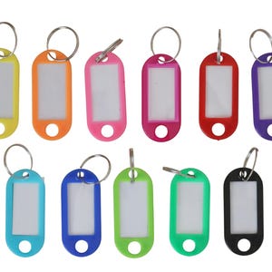 Op de afbeelding: Een verzameling kleurrijke sleutelhangers in verschillende kleuren, waaronder geel, oranje, roze, rood, paars, blauw, groen en zwart. Elke tag heeft een zilveren sleutelring en een witte labelinzet.