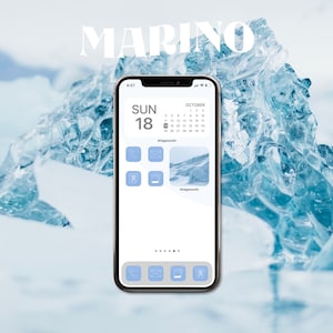 May include: A smartphone displaying a calendar app with the date Sunday, October 18th highlighted. The app is called Widgetsmith and has a blue background with white text. The phone is on a white surface with a blue and white background.