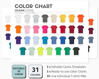 Gildan 2000B EDITABLE Canva Color Chart | Gildan 2000B Ultra Cotton Youth T-Shirt Color Chart | Customizable Color Chart Template
