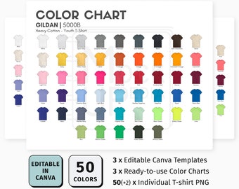Gildan 5000B EDITABLE Canva Color Chart | Gildan 5000B Heavy Cotton Youth T-Shirt Color Chart | Customizable Color Chart Template