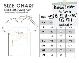 Bella Canvas 3413 Adult Unisex Triblend Short Sleeve Tee Size Chart (inches/cm) | Digital Size Chart | Bella+Canvas Tshirt Mockup Size Chart