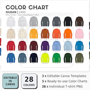 Gildan 2400 EDITABLE Canva Color Chart | Gildan 2400 Ultra Cotton Long Sleeve T-Shirt Color Chart | Customizable Color Chart Template