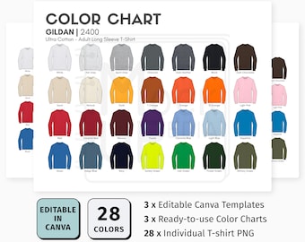 Gildan 2400 EDITABLE Canva Color Chart | Gildan 2400 Ultra Cotton Long Sleeve T-Shirt Color Chart | Customizable Color Chart Template