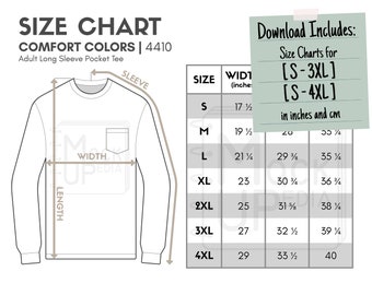 Comfort Colors 4410 Adult Long Sleeve Pocket Tee Size Chart (inches/cm) | Digital Size Chart | Comfort Colors 4410 Size Chart