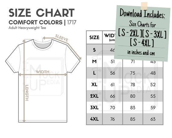 Comfort Colors 1717 Adult Heavyweight Tee Size Chart (inches/cm