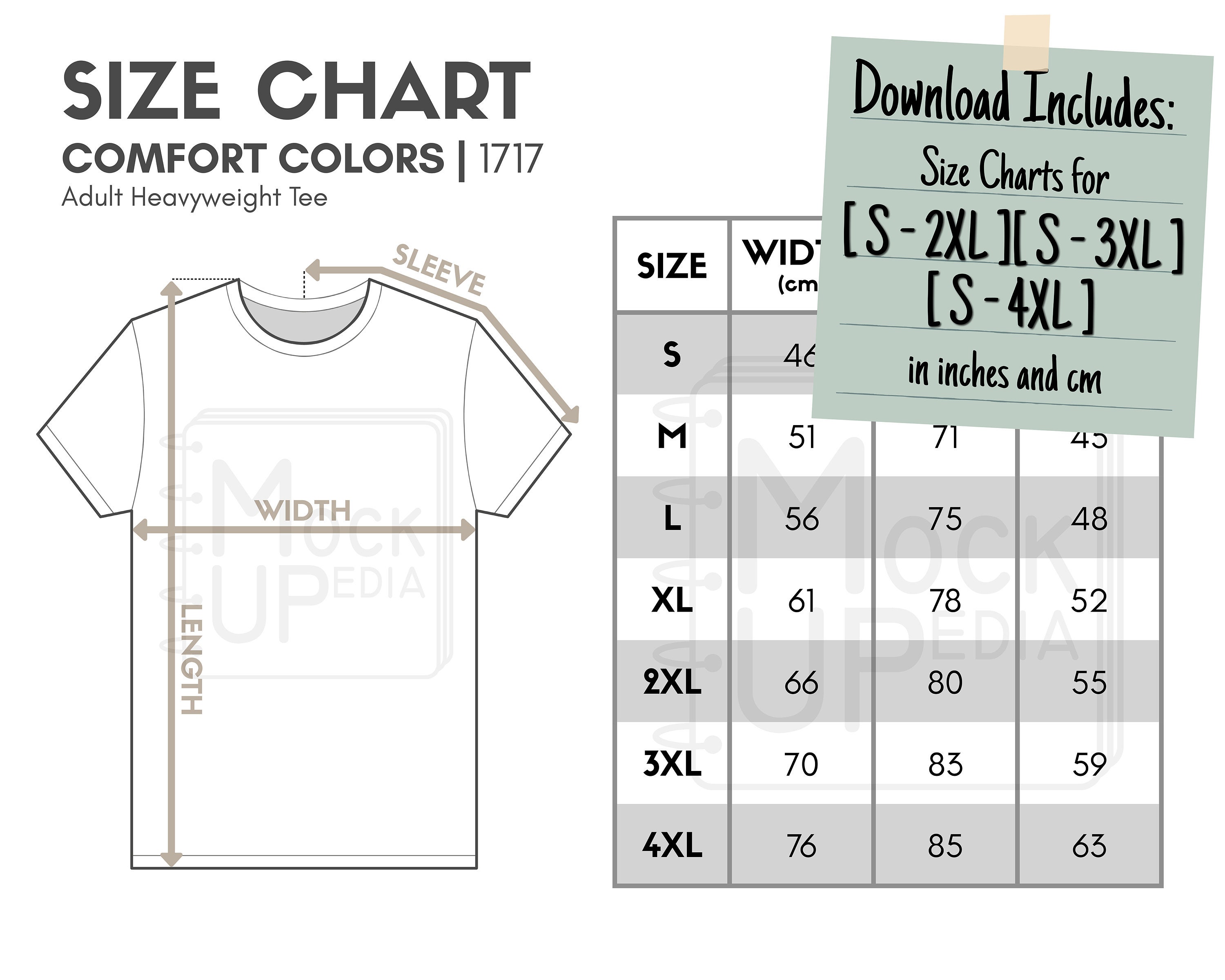 Comfort Colors 1717 Adult Heavyweight Tee Size Chart inches/cm Digital ...