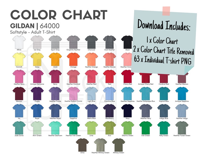 Gildan 64000 Adult T-Shirt Color Chart Gildan 64000 | Etsy