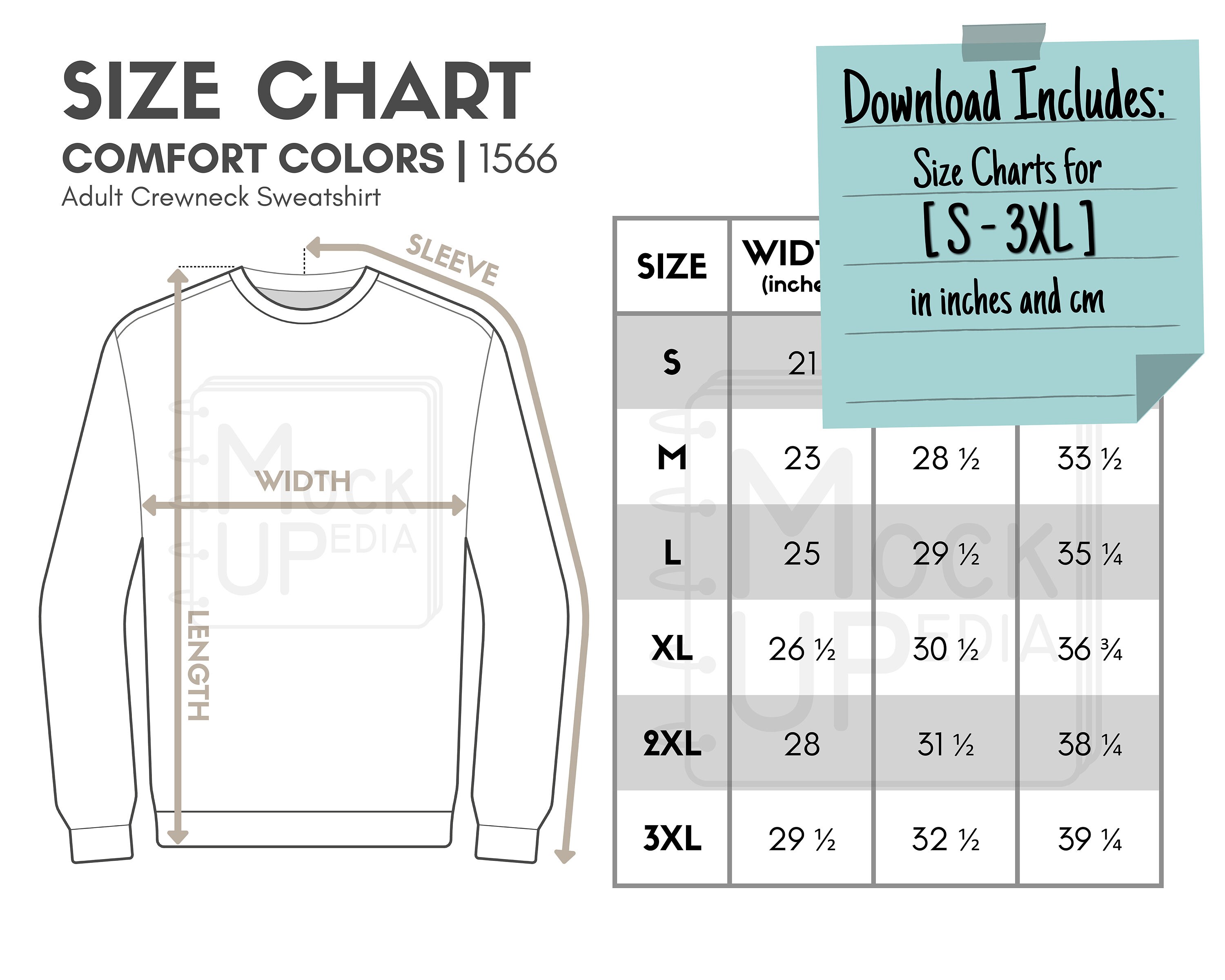 Comfort Colors 1566 Adult Crewneck Sweatshirt Size Chart inches/cm ...