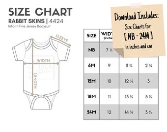 Rabbit Skins 4424 Infant Fine Jersey Bodysuit Size Chart (inches/cm) | Digital Size Chart | Rabbit Skins 4424 Bodysuit Mockup Size Chart