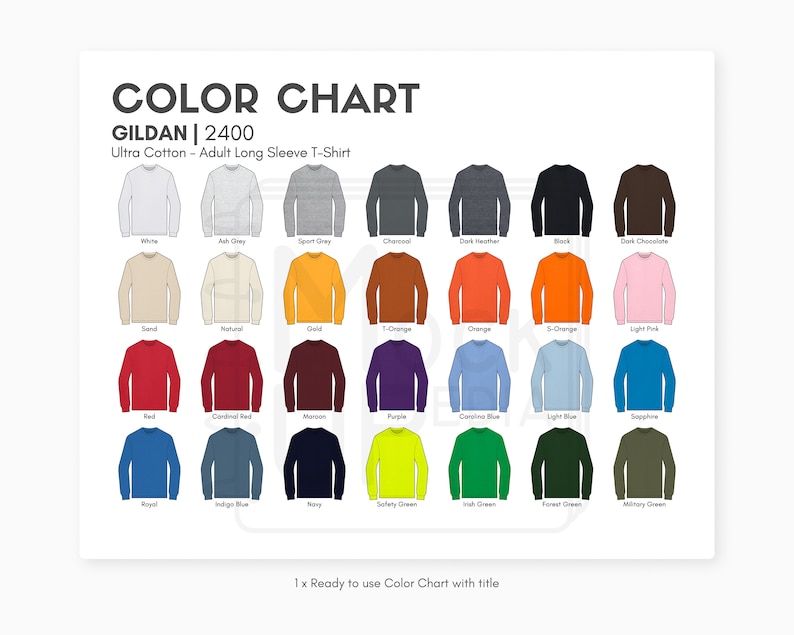Gildan 2400 Adult Long Sleeve T-Shirt Color Chart Gildan 2400 Ultra Cotton Long Sleeve T-Shirt Color Chart Digital Color Chart PNG image 2