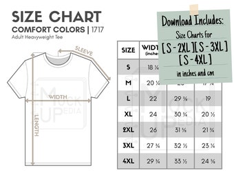 Comfort Colors 1717 Adult Heavyweight Tee Size Chart (inches/cm) | Digital Size Chart | Comfort Colors 1717 Adult Tee Size Chart