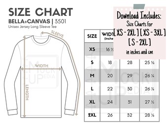 Bella Canvas 3501 Adult Long Sleeve Tee Size Chart (inches/cm) | Digital Size Chart | Bella+Canvas 3501 Unisex Jersey Long Sleeve Tee