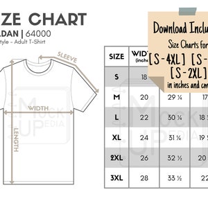 Gildan 64000 Adult T-Shirt Size Chart (inches/cm) | Digital Size Chart | Gildan Softstyle T-Shirt Mockup Size Chart