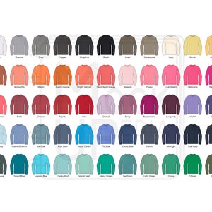 May include: A chart of 50 different colored long-sleeved shirts. The colors are arranged in rows and columns. The colors include white, grey, black, khaki, brown, ivory, yellow, orange, red, pink, purple, blue, green, and teal.