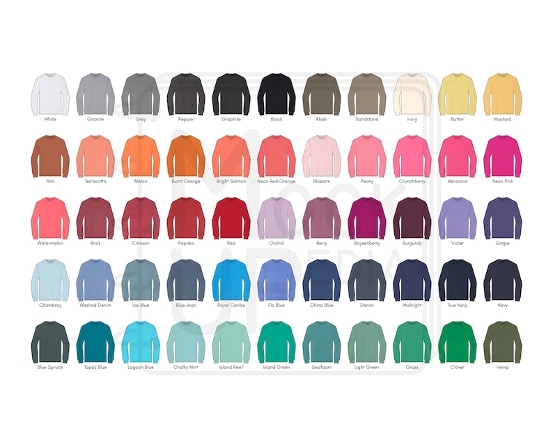 May include: A chart of 50 different colored long-sleeved shirts. The colors are arranged in rows and columns. The colors include white, grey, black, khaki, brown, ivory, yellow, orange, red, pink, purple, blue, green, and teal.