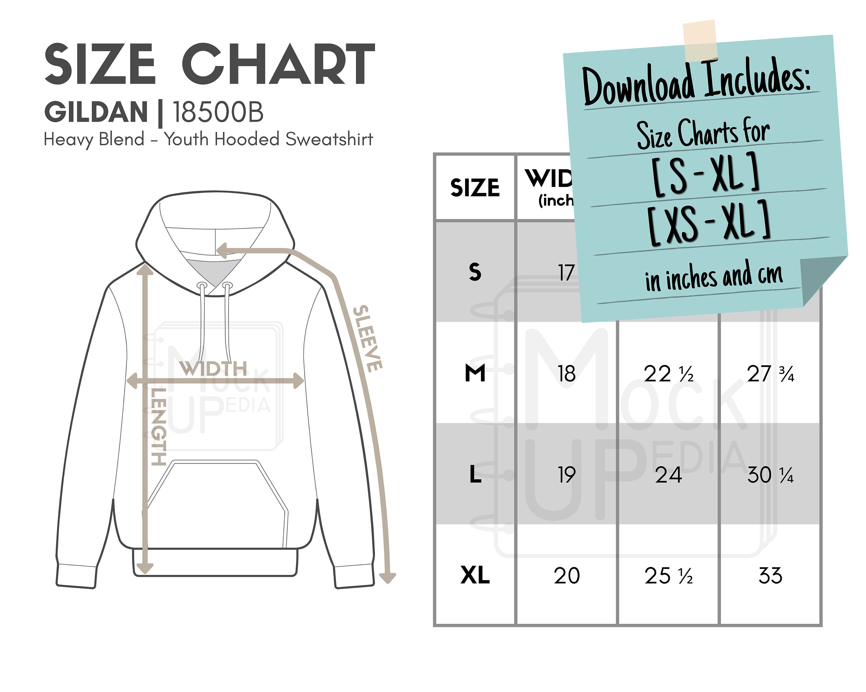 Gildan 18500B Youth Hooded Sweatshirt Size Chart inches/cm - Etsy